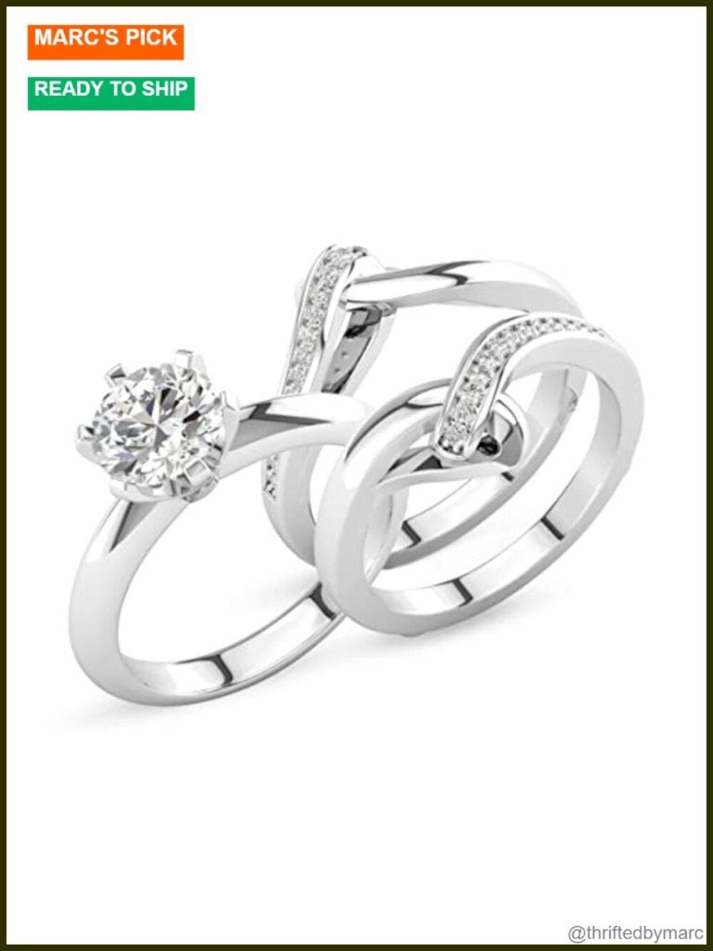 3 Piece Moissanite Wedding Ring Set 1 Carat Platinum Plated Silver